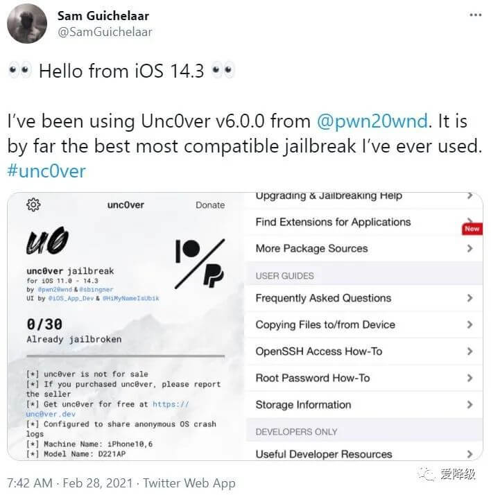 Unc0ver6.0越狱，支持iOS11-14.3【正式发布工具】